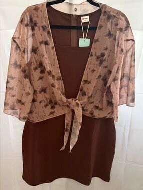 Wihull Brown summer mini Dress with Sheer Tie-Front cardigan  - Size XL